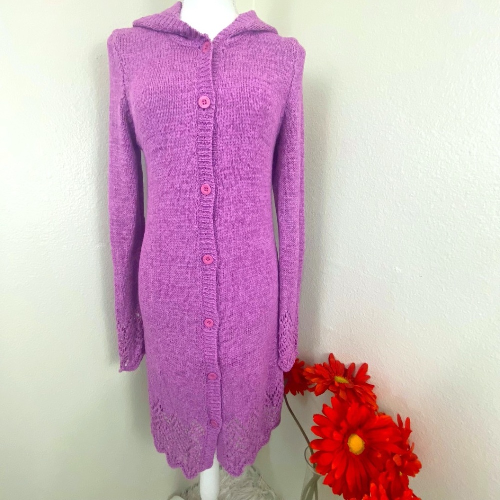 BCBG Max Azria Womens Long Sleeved Buttoned Hooded Knit Cardigan Lavender